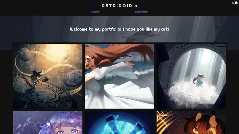 The Astridoid art portfolio homepage, a grid of illustrated pieces below the site title and a "Welcome to my portfolio" heading.