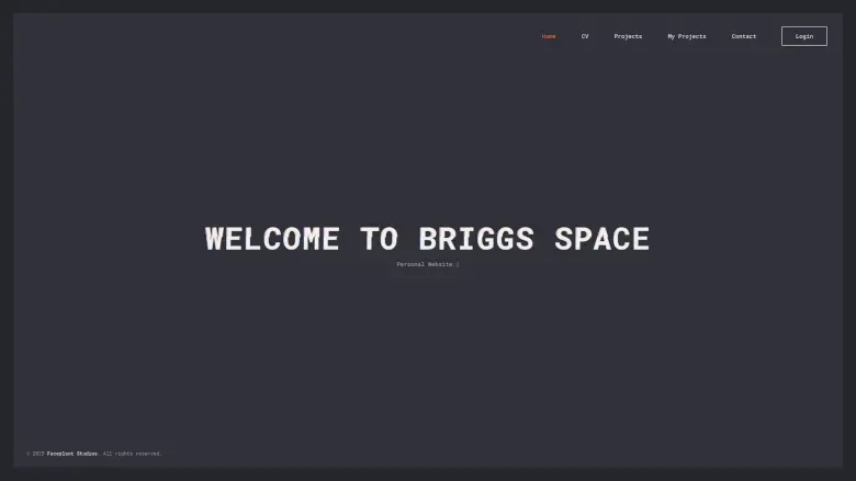 The briggs-space.co.uk homepage, a dark glitch-styled hero reading "Welcome to Briggs Space".
