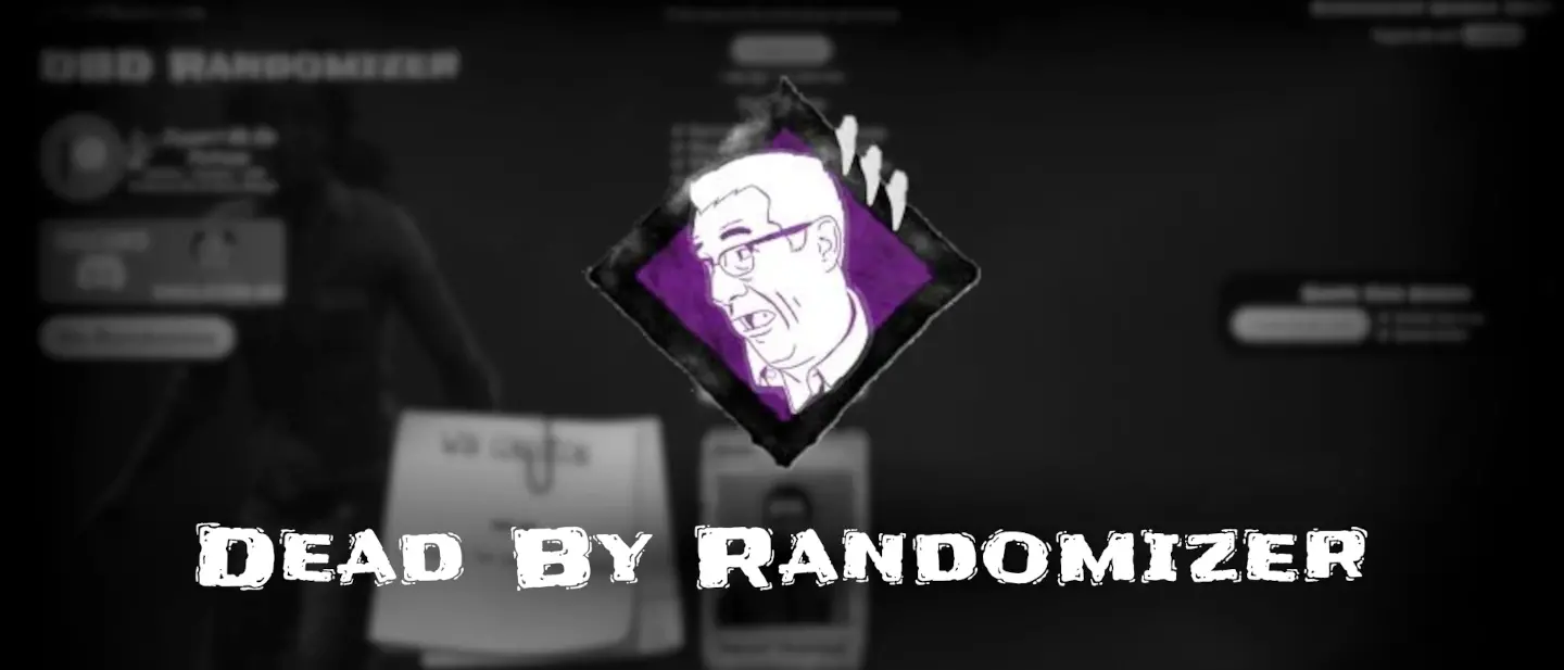 A blurred screenshot of the dbd-randomizer.com build page behind a hand-drawn purple perk icon and the "Dead By Randomizer" title.