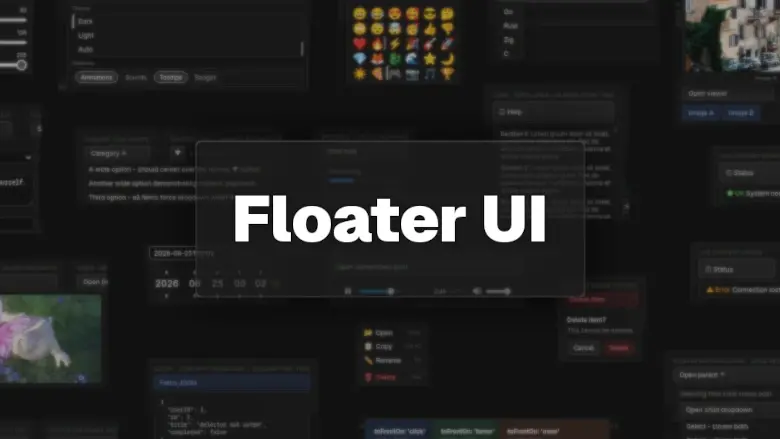 The floater-ui demo page, showing a spread of floaters at once - sliders, dropdowns, an icon picker, a form, an image viewer, and a progress indicator - behind the "Floater UI" title.