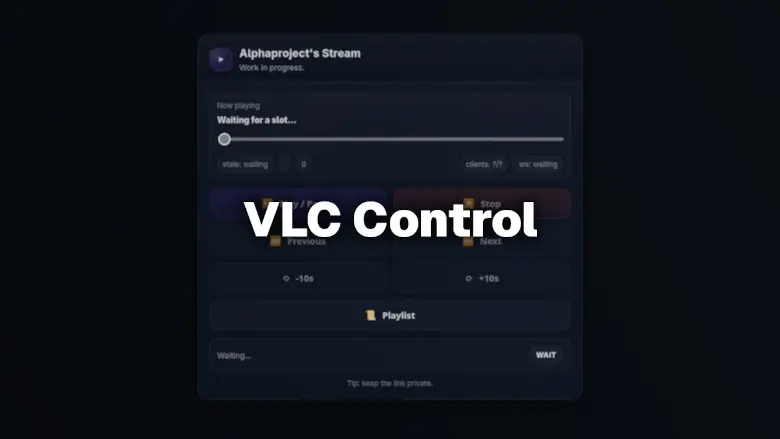 The VLC Control web interface, showing playback controls, seek/skip buttons, and a playlist button behind the app title.